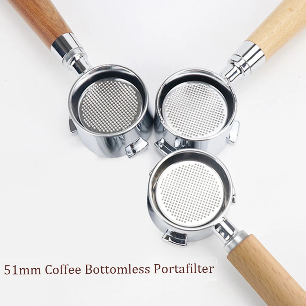 Coffee Bottomless Portafilter with Filter Basket, Wooden Handle Replacement, Eusable Alloy Coffee Extraction Accessories, 51mm