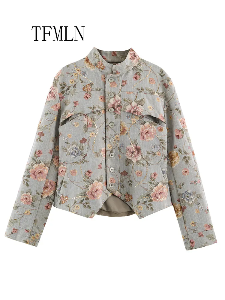 New 2026 Autumn Floral Jacquard Blazer jackets For Women Chic Causal Long Sleeve Stand Collar Sequin Coats High Street Sweet Top