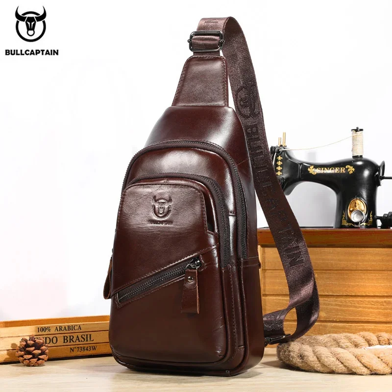 Bolso de pecho 100% de cuero genuino para hombre, bolso de hombro de alta capacidad, a la moda, de marca