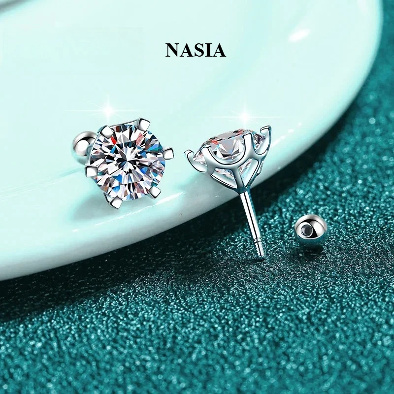 NASIA 0.2ct 0.5ct 1ct 2ct  Moissanite Stud Earrings for Women Screw Thread Ear Studs S925 Sterling Silver Earring Jewelry 2026