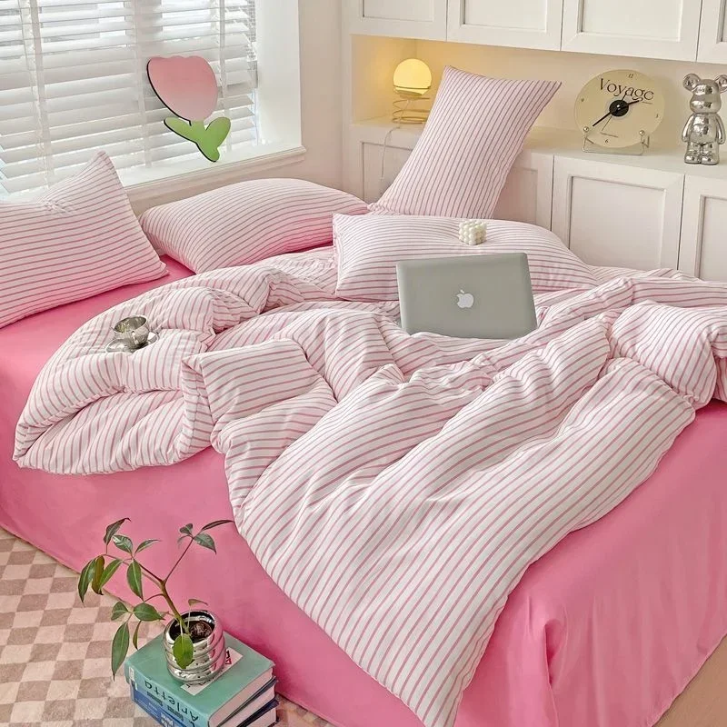 Pink Stripe Bedding Set Soft Flat Sheets Duvet Cover Pillowcase Polyester Bed Linen Single Queen Full King Size Home Textiles