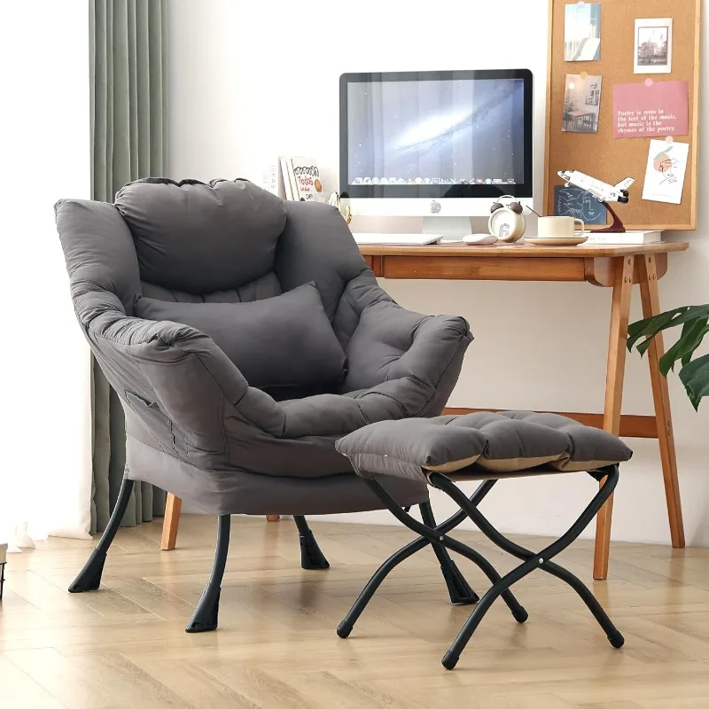 

Lazy Chair with Ottoman, Modern Accent Chair with Lumbar Pillow, Comfy Chairs with Folding Footrest for Bedroom(Dark Grey)