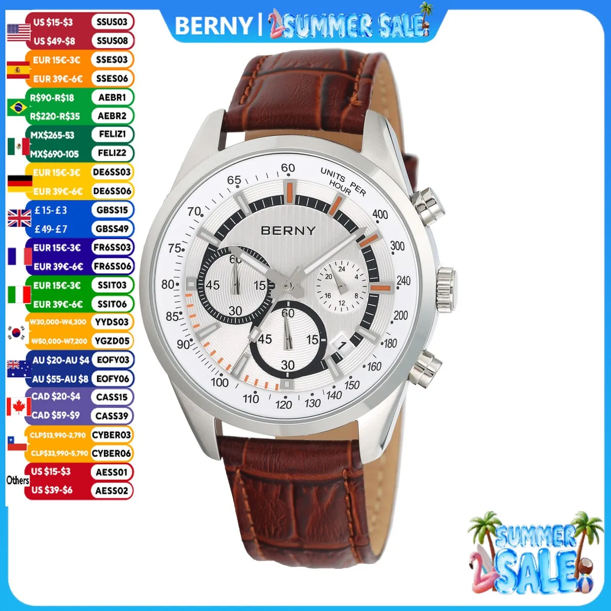 

BERNY Men's Watch Watches Multifunction Chronograph Quartz Watch Calendar Date Luminous Fashion Cool Man Sports Wristwatch