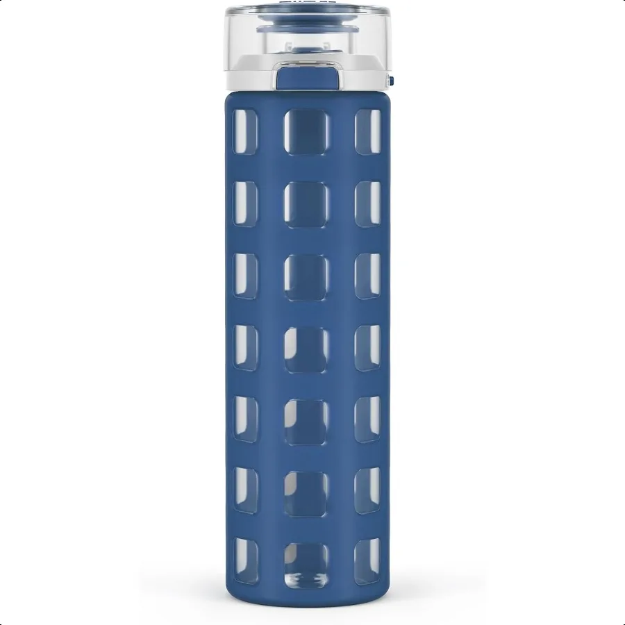 

Syndicate 20oz Reusable Glass Water Bottle with OneTouch Leak Proof Flip Lid and Protective NonSlip Silicone Sleeve and Carry L