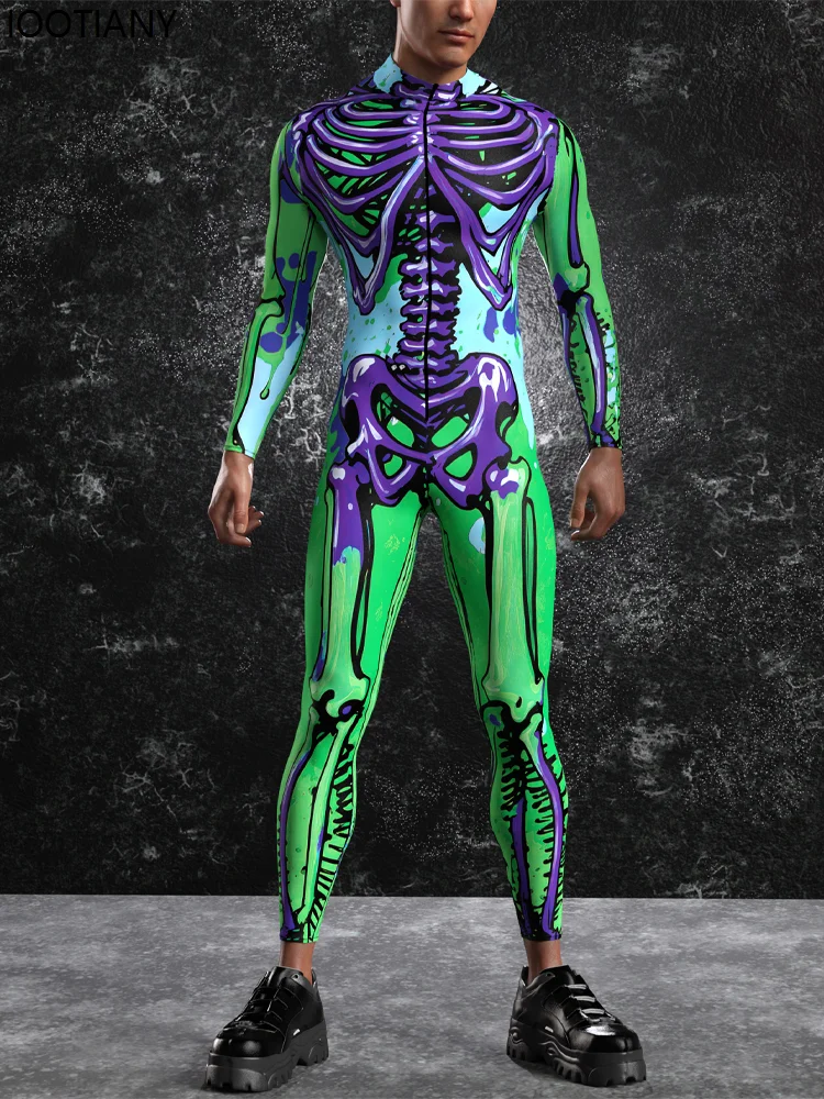 

Halloween Skull Print Cosplay Jumpsuit Men Sexy Bodysuit Horror Theme Party Zentai Suit Festival Rave Outfit Aerial Yoga Clothes