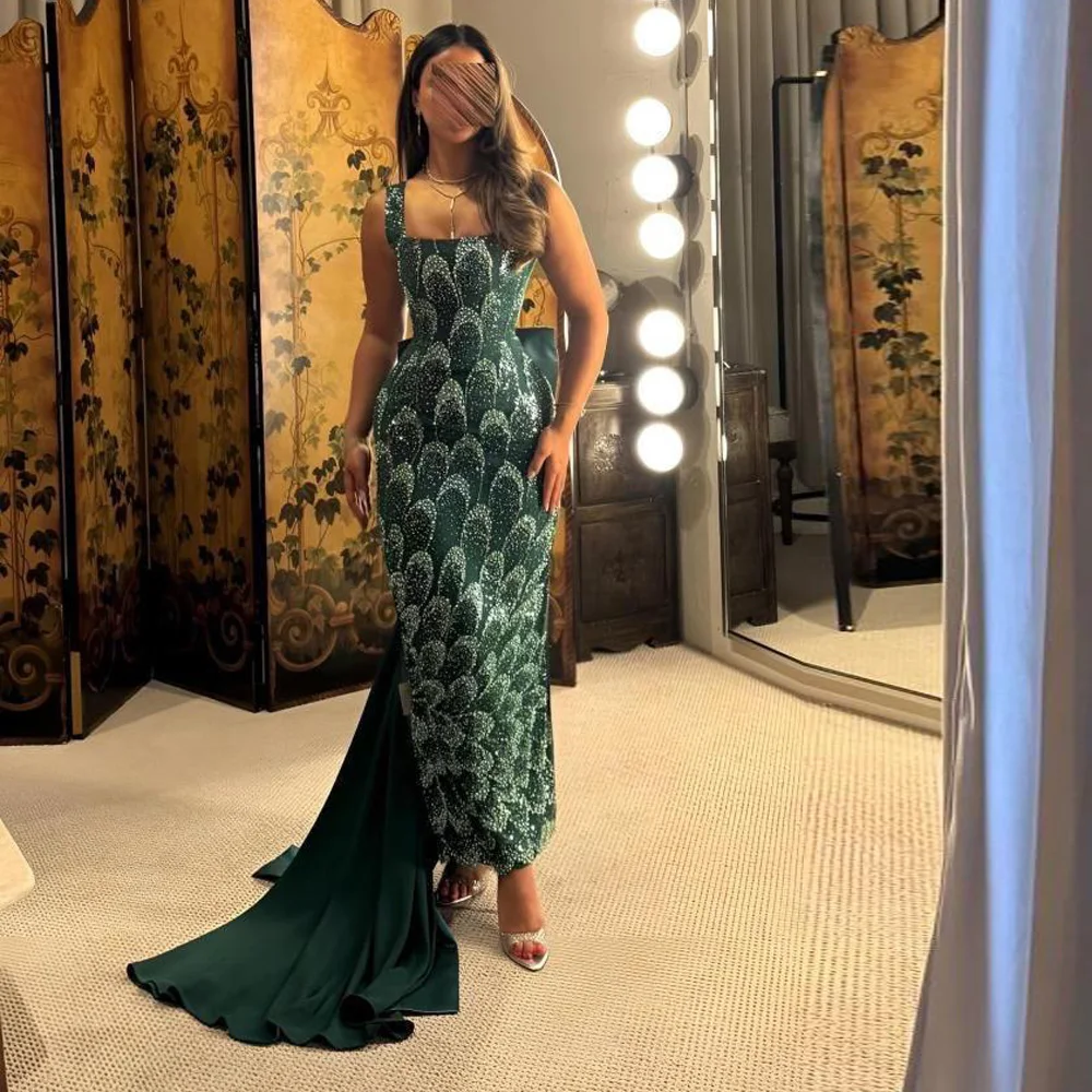 

Вечернее платье с вышивкой бисером по индивидуальному заказу и галстуком-бабочкой со шлейфом и квадратным вырезом, блестками, длиной до щиколотки, платья de gala