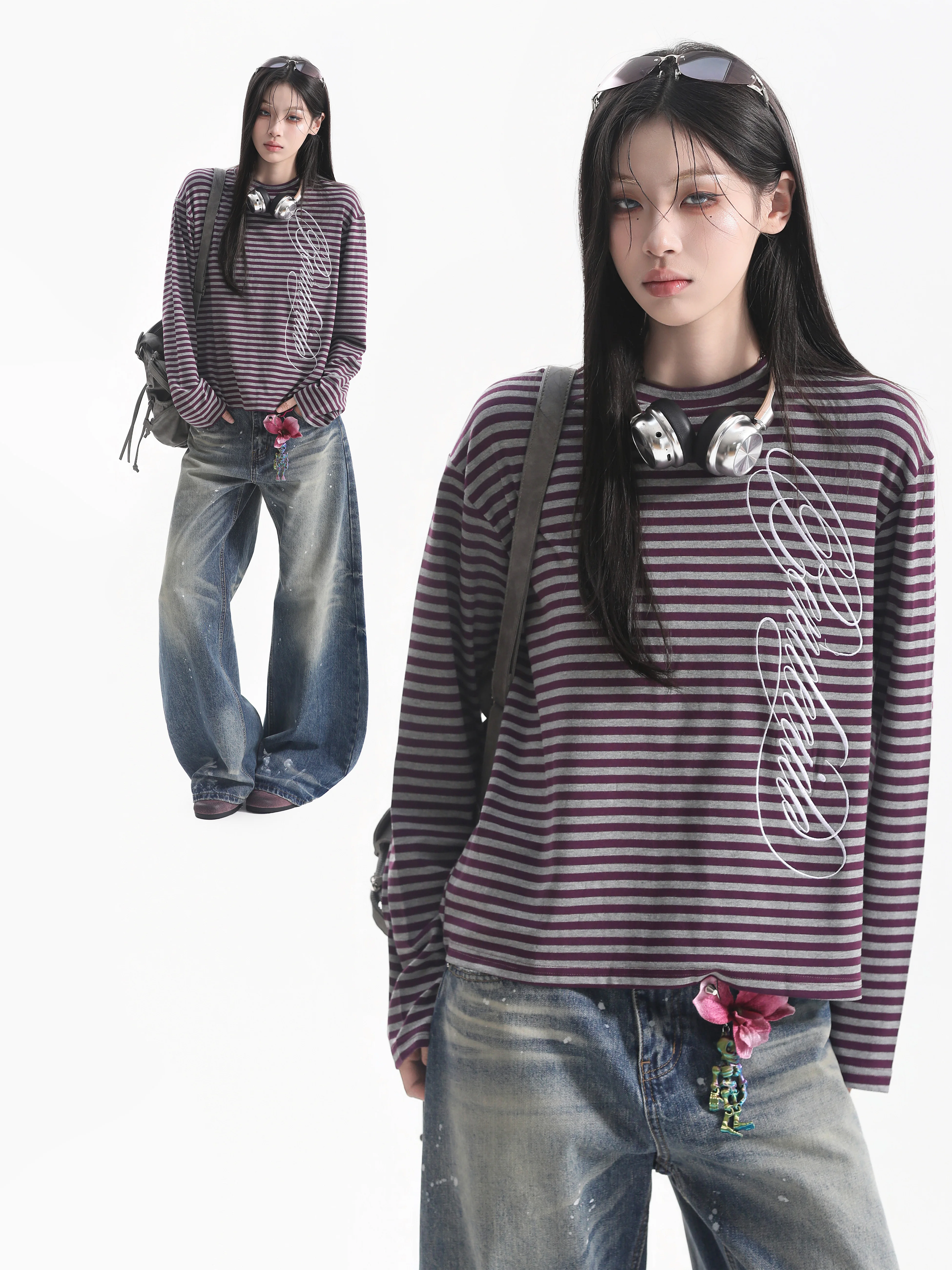 Retro American Embroidered Striped Long Sleeve T-Shirt Women's Loose Short Style Millennium Trend Top Casual Comfortable Brea...
