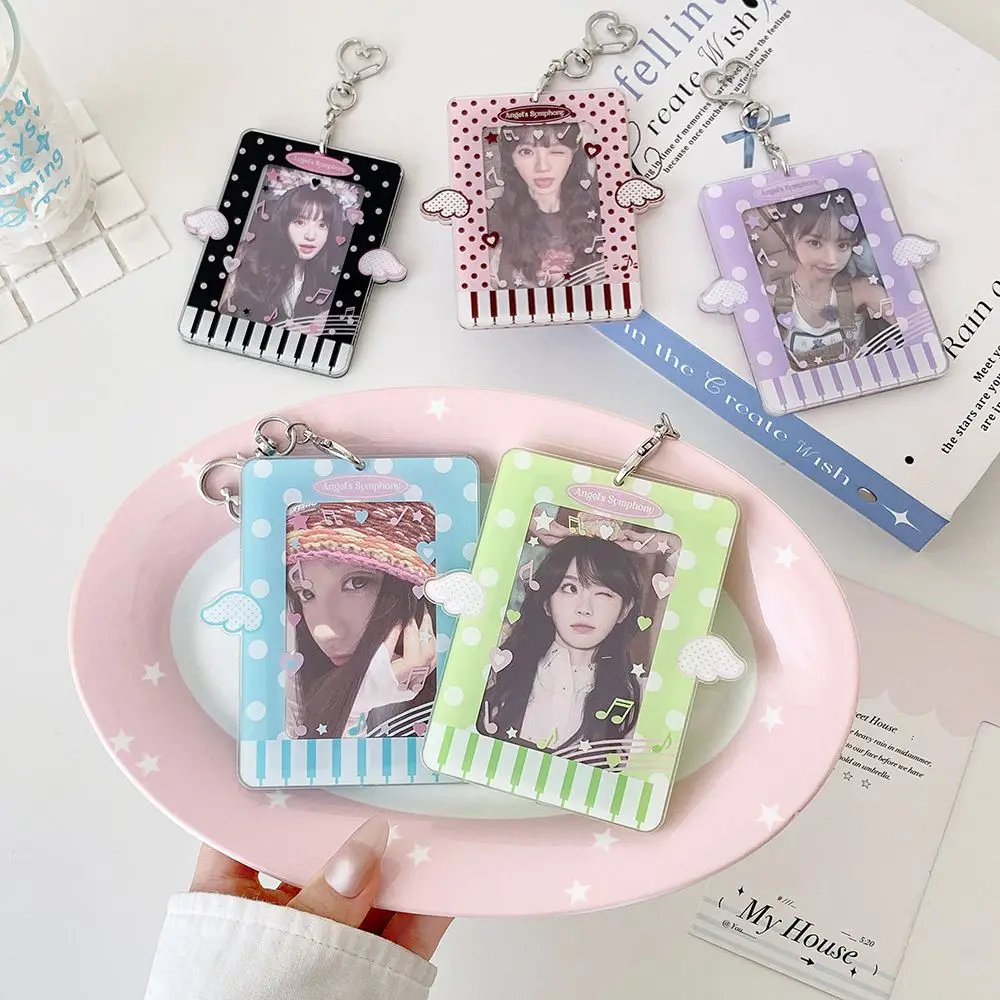 Acrylic Kpop Photocard Holder Keychain 3 Inch Cartoon Card Holder Polka Dot Wings Transparent Student Card Protective Cover