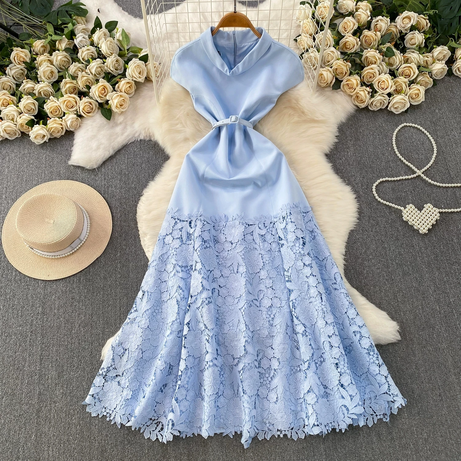 

Elegant Light Blue Splice Lace Long Dress Stand Collar Cap Sleeve Belted High Waist A Line Formal Wedding Guest Party Vestidos