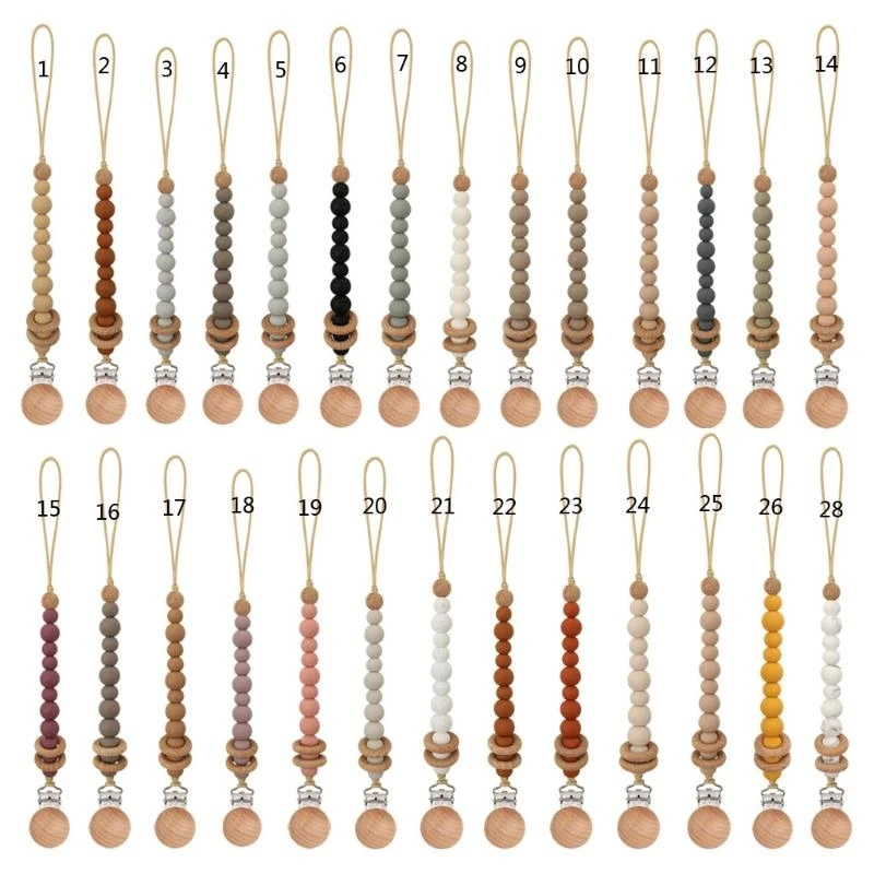 

M76C Wooden Beaded Baby Pacifier Holder Chain Clips for Fresh Pacifier Dummy Chain