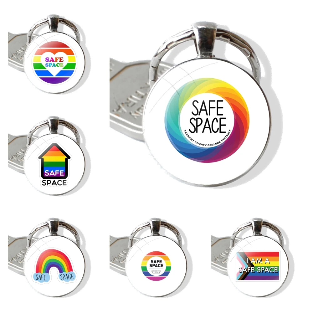 Safe Space Ally Pin Keychain Handmade Glass Cabochon Key Ring Holder Pendant Key Chains