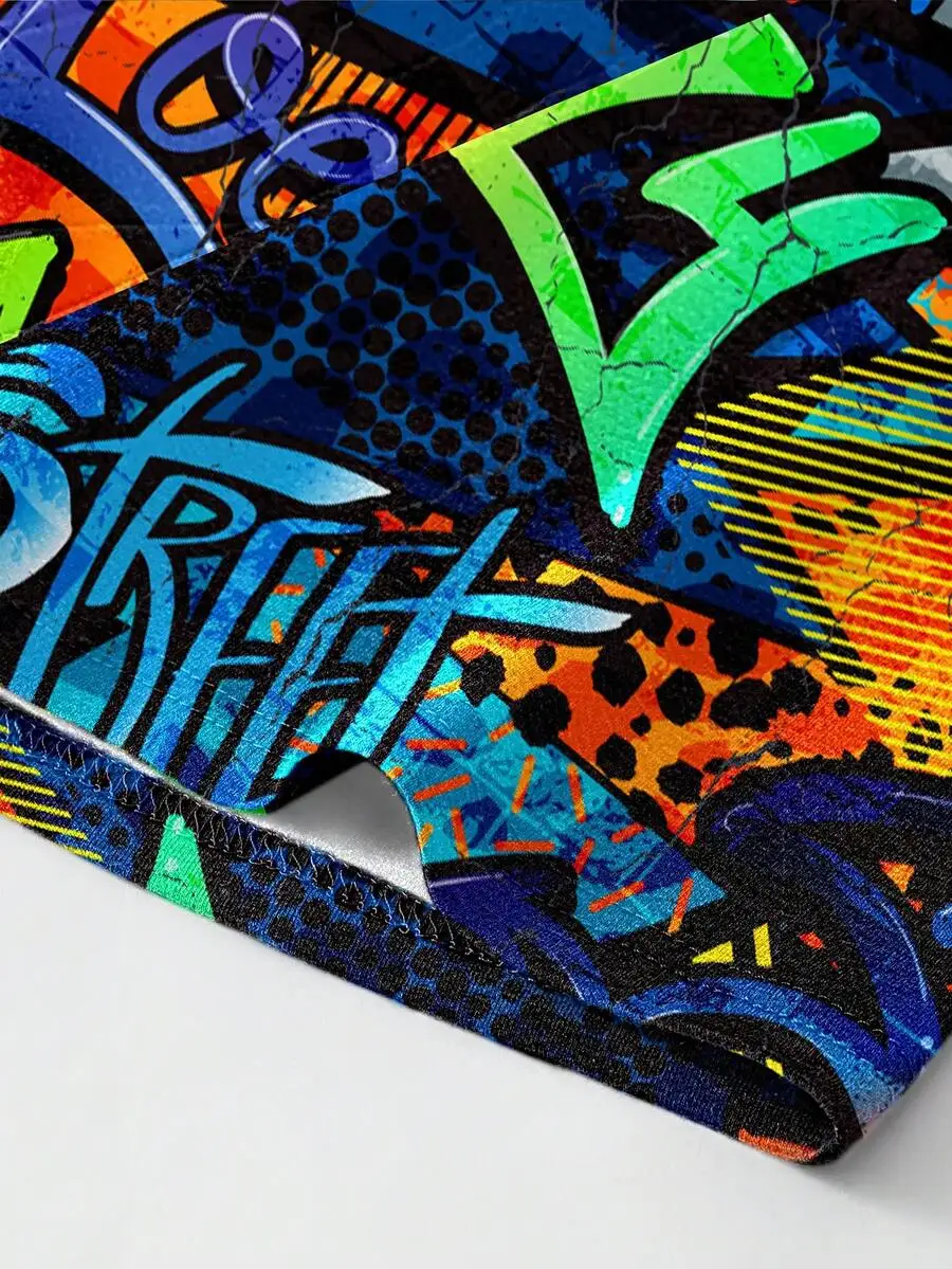 

5pcs Mens Graffiti Print Boxer Shorts Digital Print Comfortable Breathable Knitted Underwear