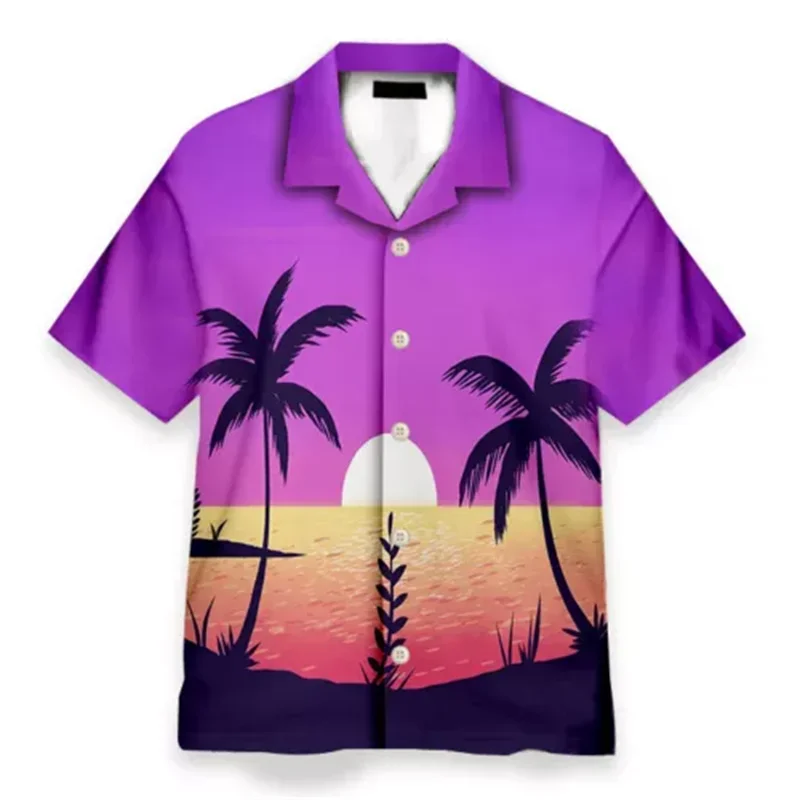 Hawaii Summer 3D Beach Sunset Landscape Printed Shirt Men's Coconut Tree Pattern Shirt and Fun Y2k Short Sleeved Top Men's Shirt