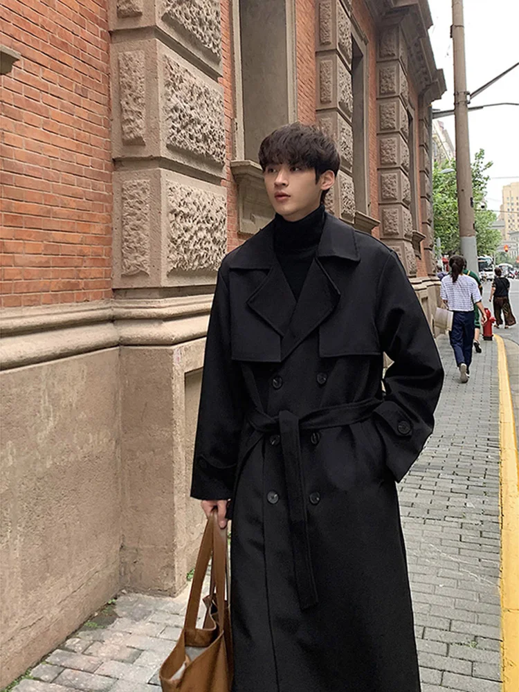 

Briti Preppy Sle Men's Long Over-Knee Double-Buttoned Coat Spring Autumn Faionable Versatile Knee-Length Windbreaker