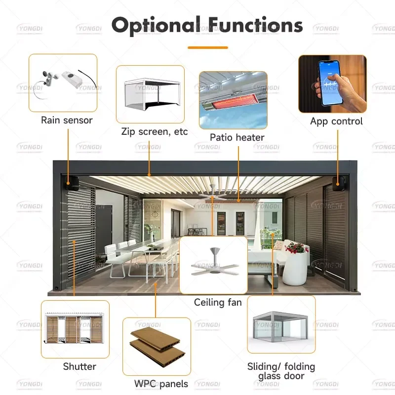 Free Standing Electric Aluminum Pergola Louvered Roof for Courtyard Waterproof Retractable Motorized Windproof Snowproof
