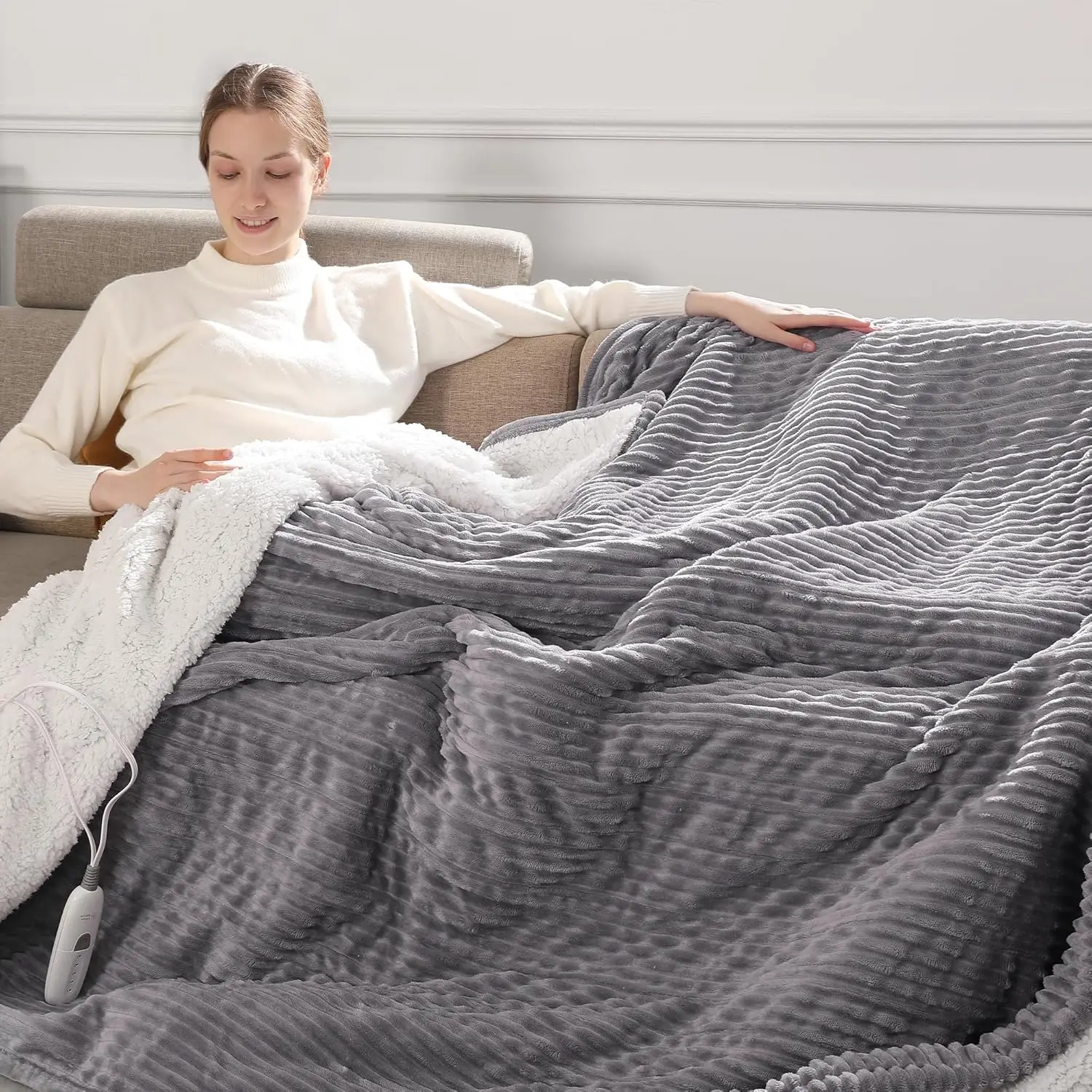 50x60 Electric Heated Throw Blanket, 5 Heat Settings, Auto Shutoff, Machine Washable, Light Grey