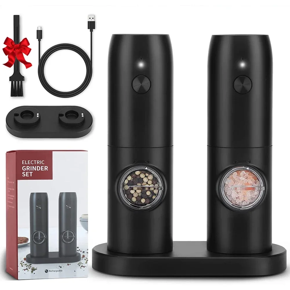 Juego de Molinillo Eléctrico automático de sal y pimienta, molino de especias ajustable con luz LED, recargable por USB, alimentado por batería