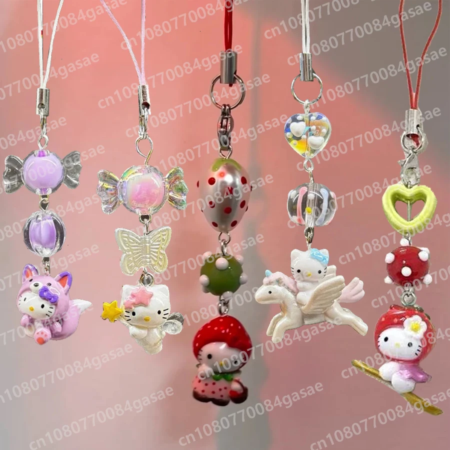 Sanrio Hello Kitty Phone Chain Kawaii Strawberry Head Girl INS Style Beaded Pendant Cute Cartoon Backpack Decorative Gifts