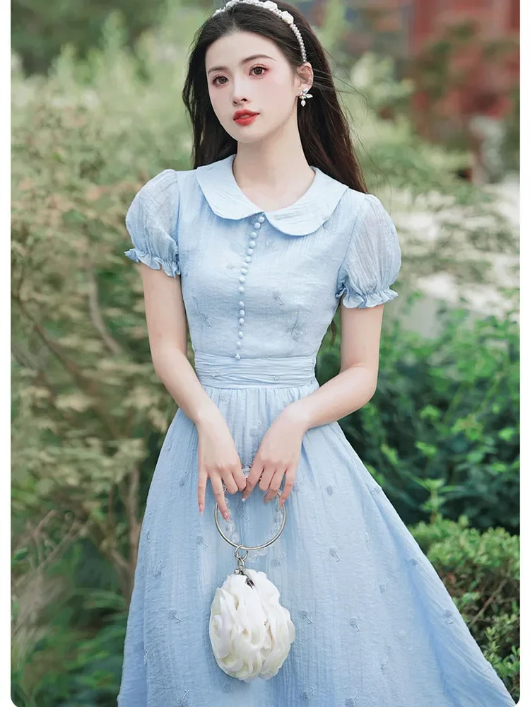 French Vintage Embroidery Dresses for Women\'s High Quality Short Sleeve Vestidos Blue Summer Peter pan Collar Sweet Dress