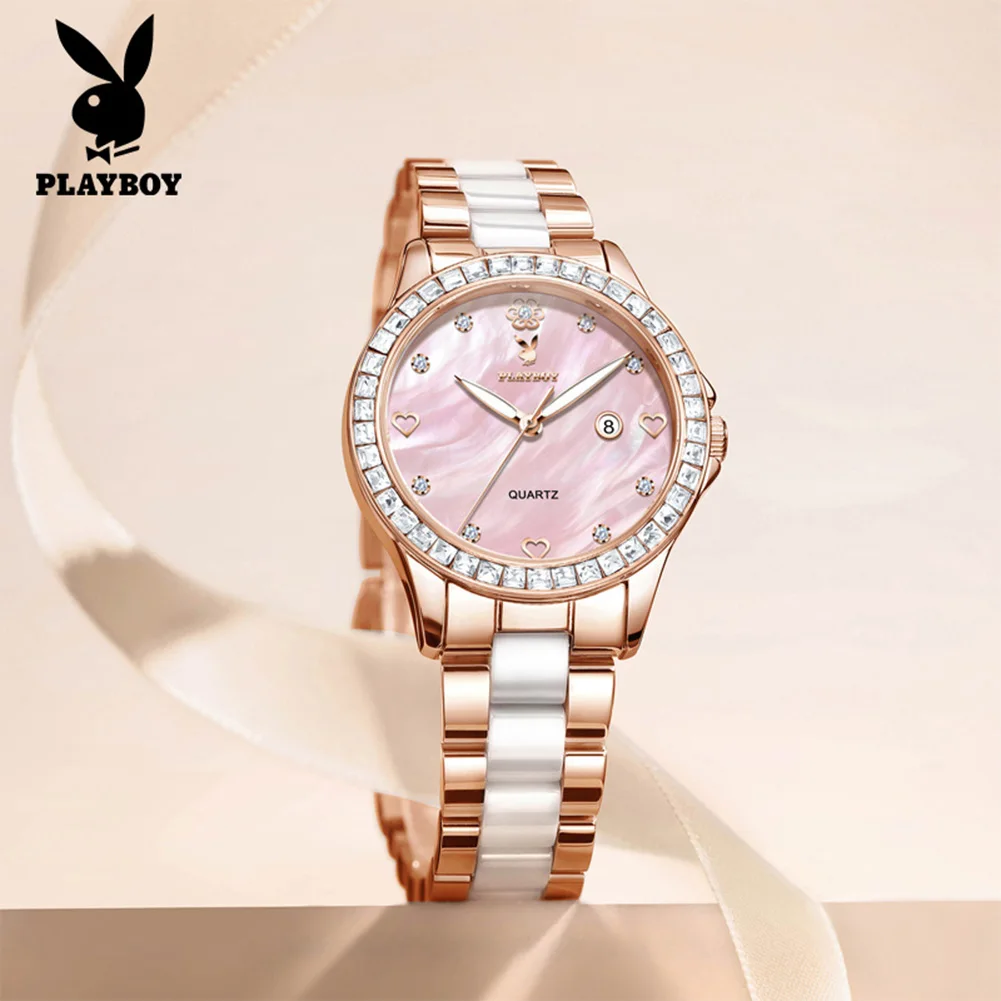 PLAYBOY 3555 Luxury Women's Dress Quartz Watch Diamond Bezel Waterproof Luminous Casual Date Wristwatch For Woman Gift Reloj
