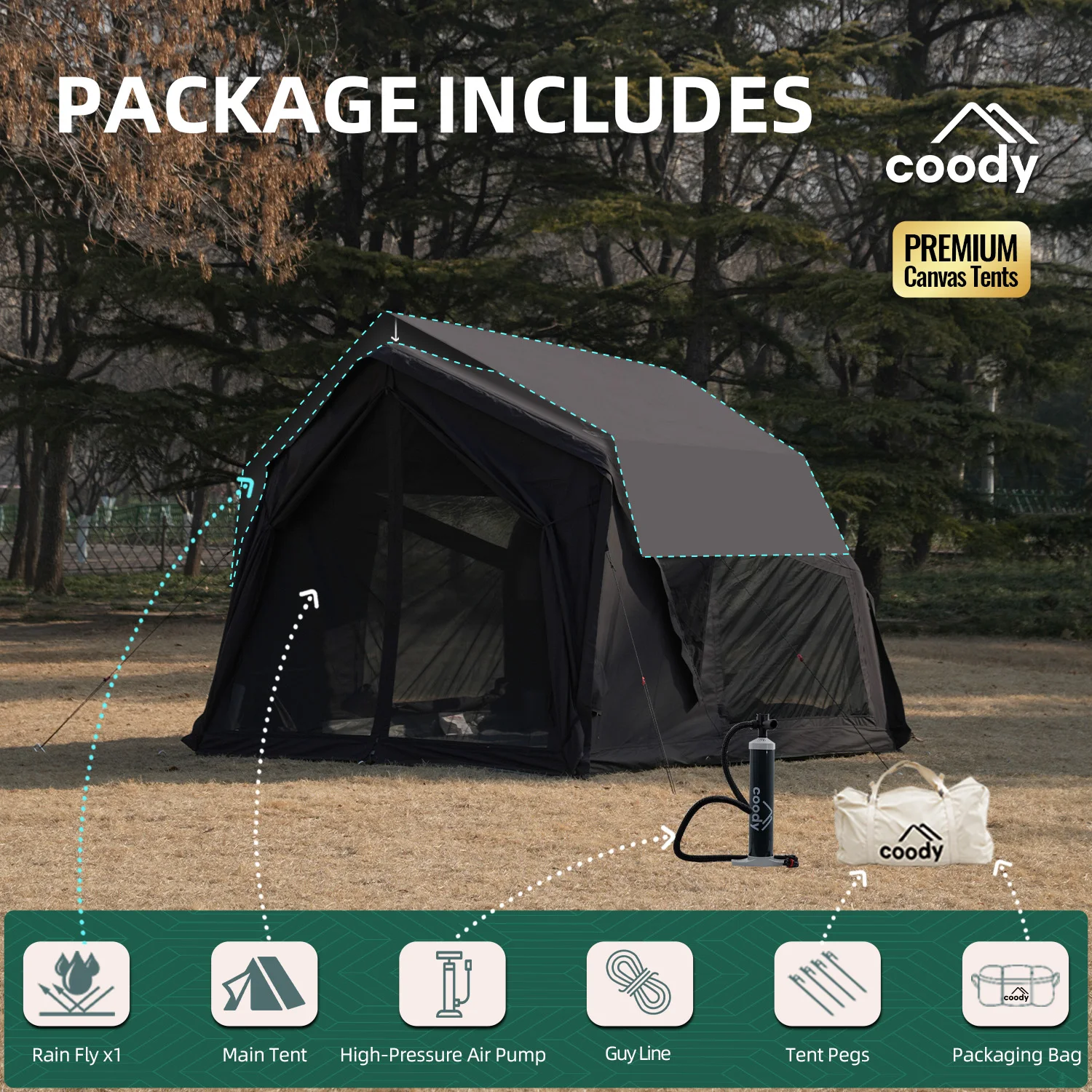 

Yustona Air Tent-Black Luxury Glamping 2-4 Person Camping Canvas Tent Outdoor 4 Season Inflatable Tent