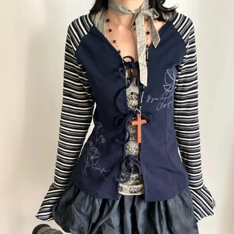 

Y2K Aesthetic Cardigan 2025 New Lace Up Long Sleeve Tops Cotton Contrast Color Coat Striped Cute Fall Outerwear Flare Sleeve