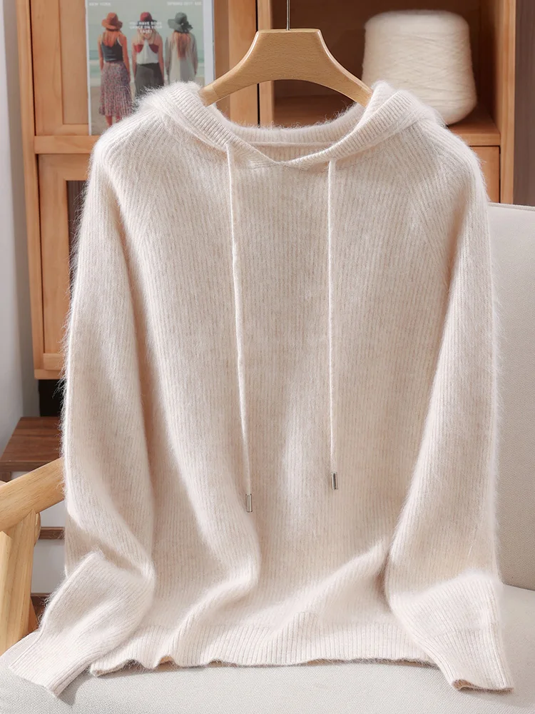 TLOML Maglione da donna in cashmere visone 100% pullover con cappuccio autunno inverno morbido caldo sciolto visone cashmere maglieria stile casual top