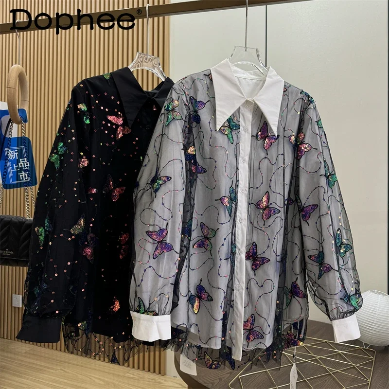 2025 Spring New Abstract Art Sequined Butterfly Mesh Design Long-sleeved Shirt Korean Version Loose Printing Single-breasted Top