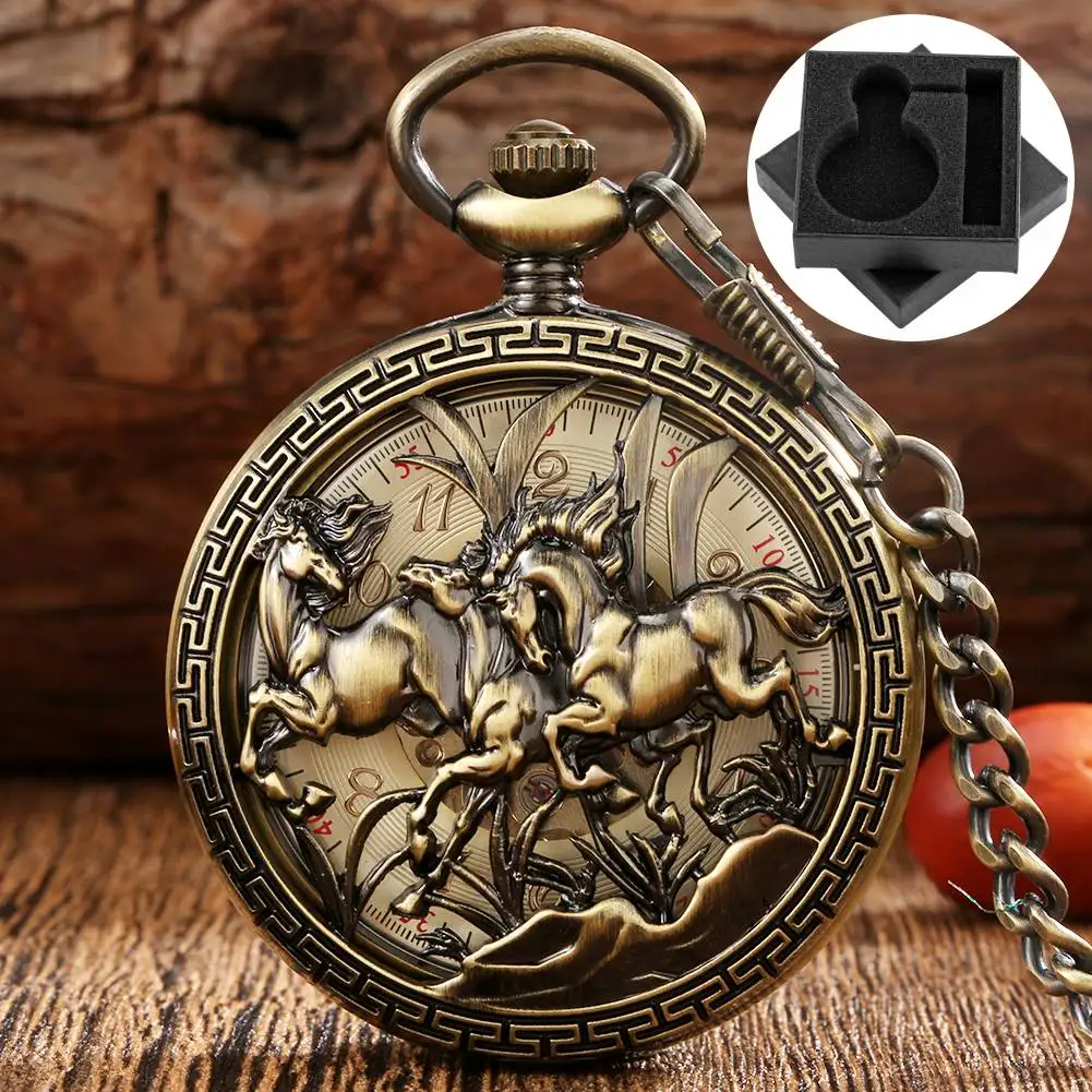 Vintage Bronze Mechanical Hand Winding Pocket Watch Half Hunter Horses Design Arabic Numerals Dial Fob Chain Pendant Clock Gift