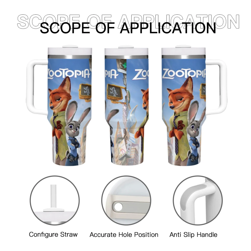 Cute Cartoon Zootopia 40 oz Tumbler with Handle and Straw Lid Stainless Steel Insulated Tumblers Travel