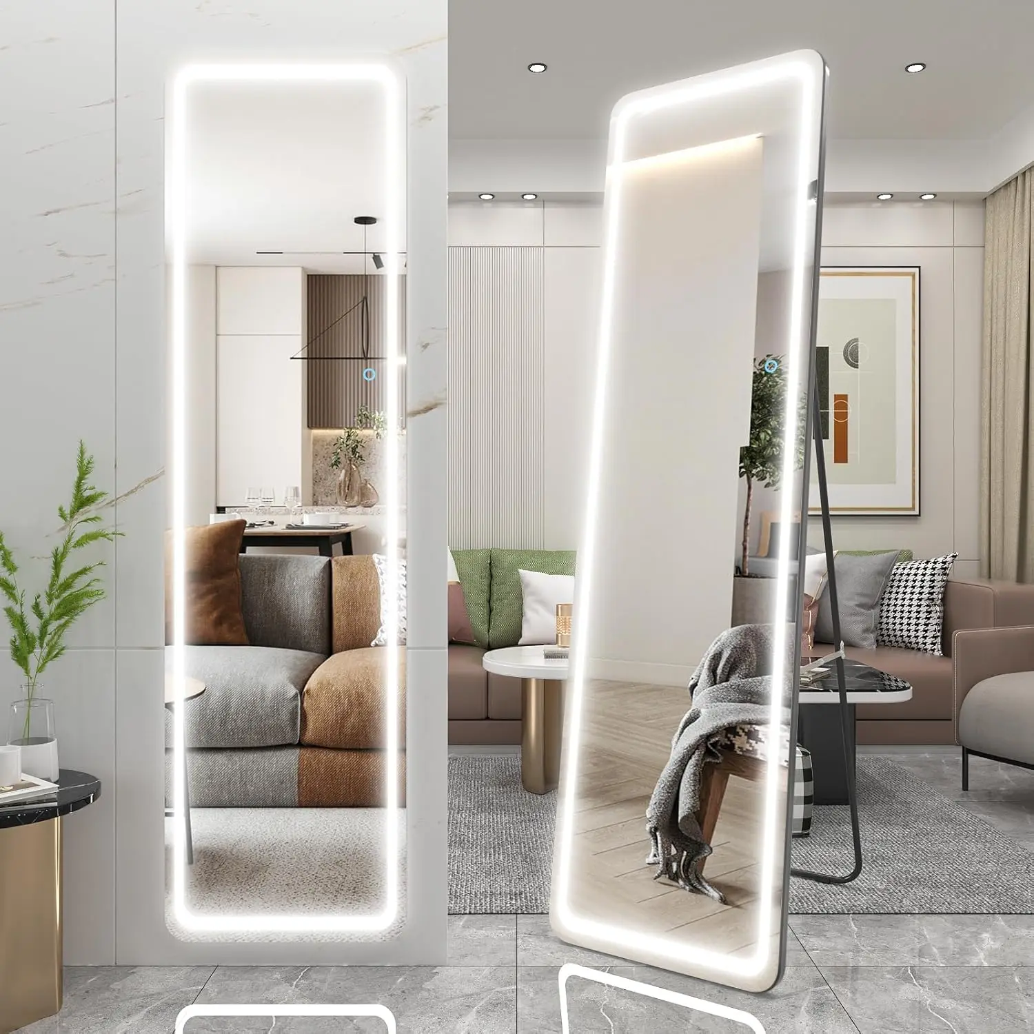 

Full Length Floor Mirror with Light 63"x16", Wall Mounted Hanging Mirror with Lights-Makeup Vanity Mirror, LED Free Standing