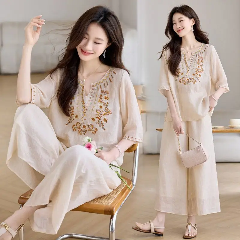 Cotton Linen Embroidery Set For Women Summer Thin V-Neck Tops Wide-leg Pants 2-piece Suits Middle-aged Mother Loose Outfits 4XL
