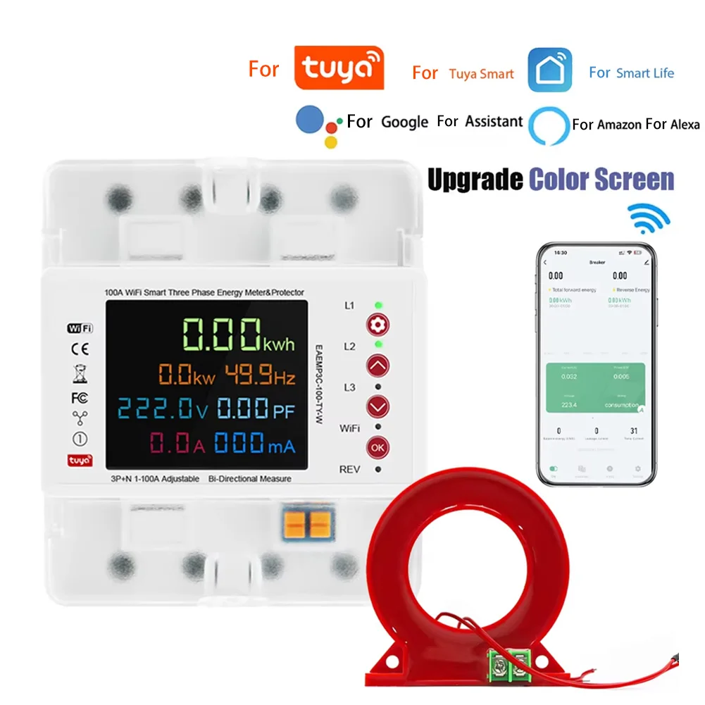 Three-Phase 4P Smart Circuit Breaker With Leakage Protection Remote Control For Tuya Smart WiFiBidirectional Energy Meter