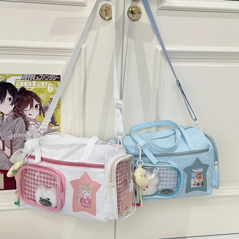 

Lightweight Portable Fashion Nylon Tote Bag Cute Aesthetic Y2K Female Large Capacity Travel Shoulder Bags Clear Window Itabag