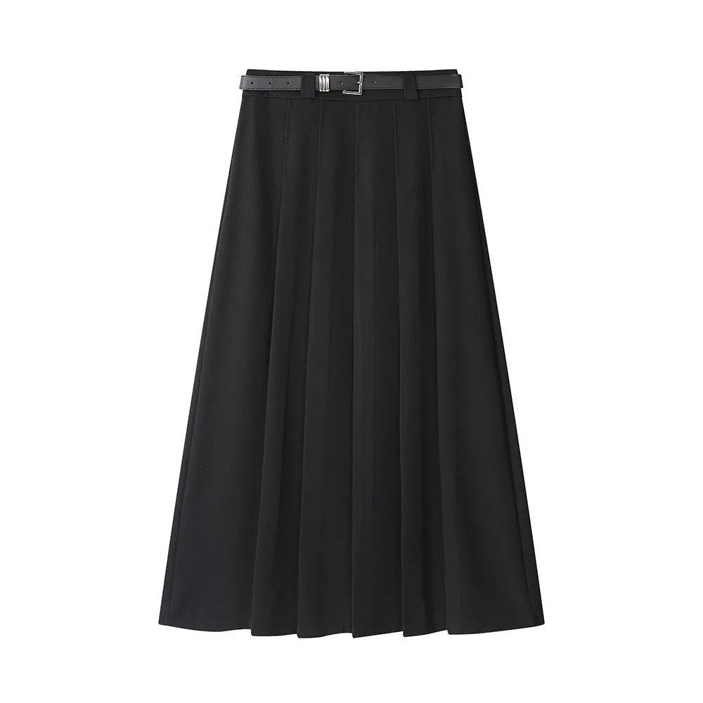 Langer Rock für Damen Herbst Winter 2026 Neuerscheinung Hochtaillierter Plisseerock mit Gürtel in Grau oder Schwarz Damenrock Bestseller – Detail 3
