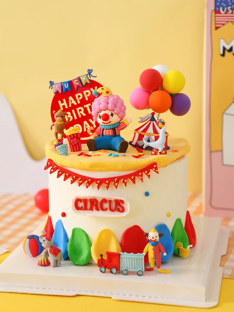 

Clown Circus Themed Baby Birthday Party Cake Topper Soft Gum Animal Elephant Monkey Lion Doll Dessert Kid Gift Baking Decoration