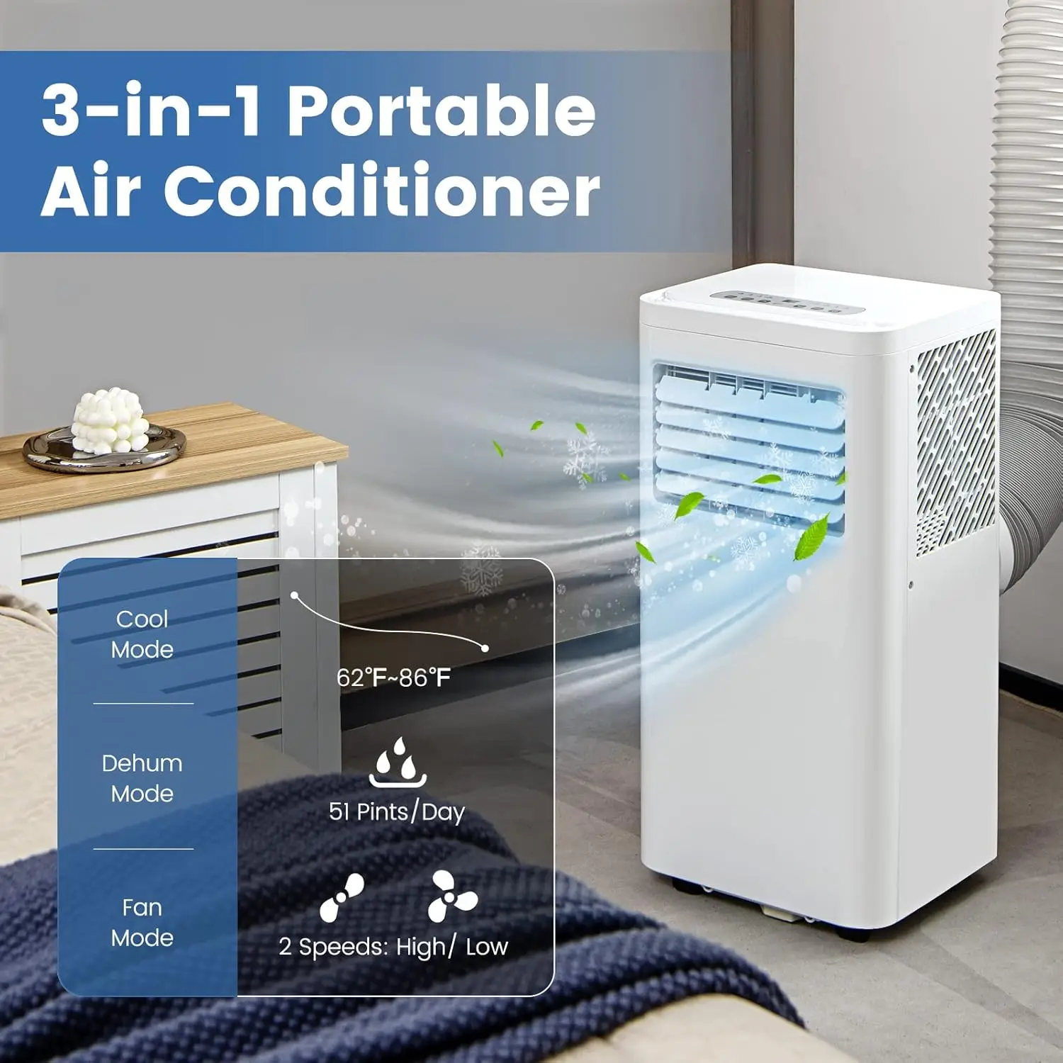 3-in-1 Portable Air Conditioner, 5000 BTU AC Unit w/Fan & Dehumidifier, Quiet AC w/1-24H Timer, LED Display