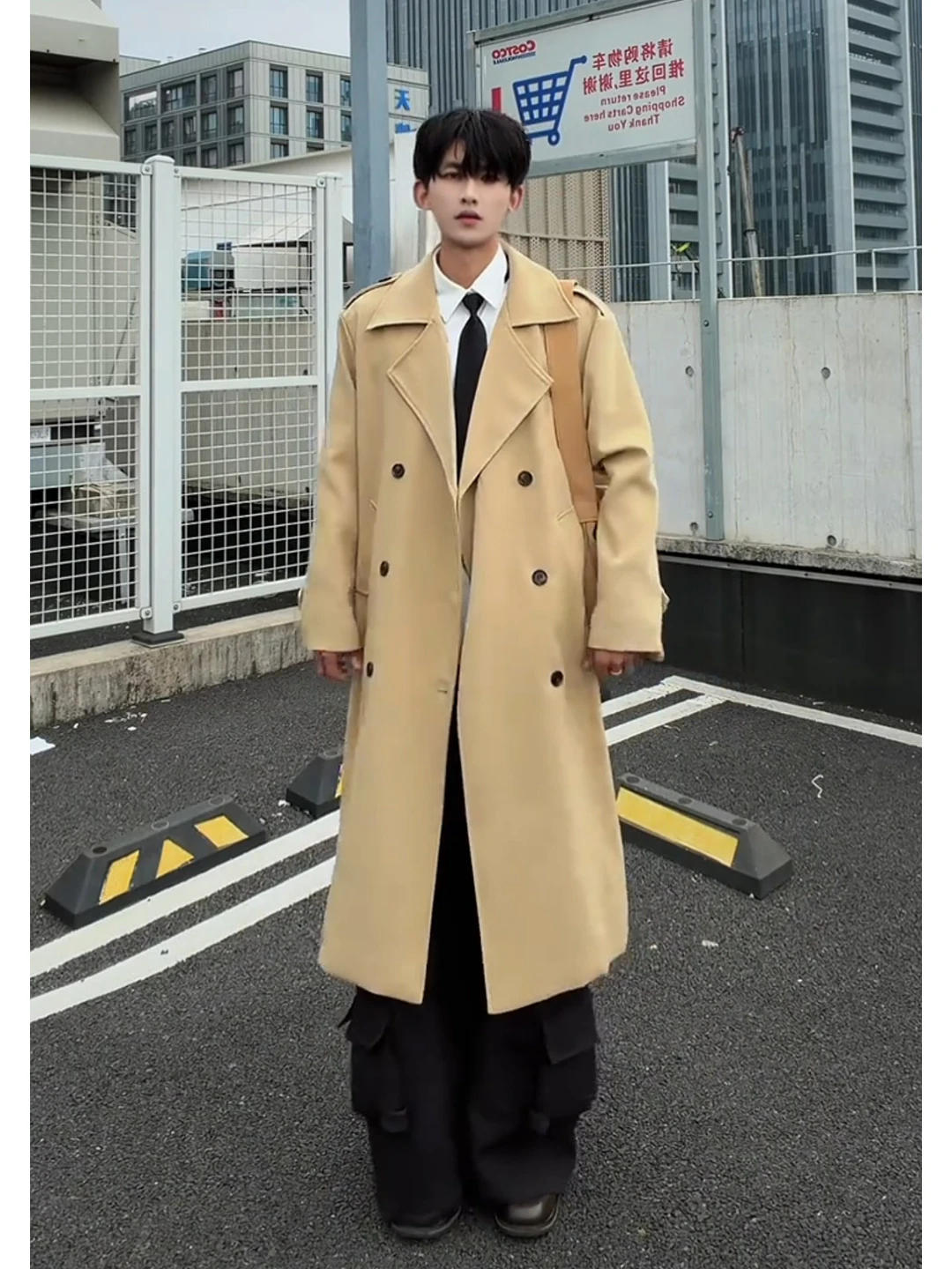 

i Double-Breasted Men's Coat Briti Sle Warm Thi Over-Knee Windbreaker Outerwear Youth Trendy Autumn Winter Coat