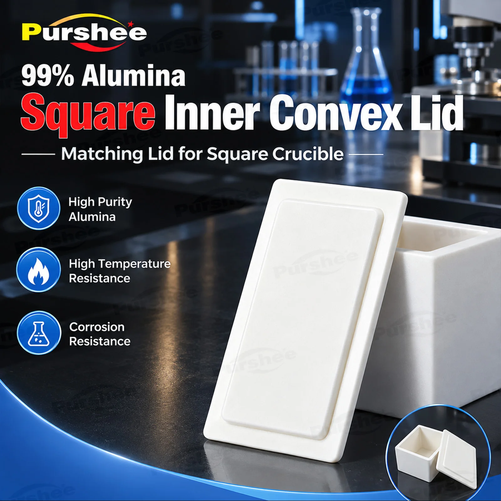99% Alumina Square Inner Convex Lid High Temp Resistant Matching Cover for Square Crucible Lab Ceramic Parts