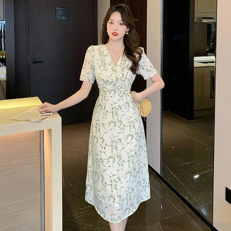 

Beach Floral Chiffon Midi Dress Long Dresses Women Luxury Elegant Spring Korean Tunics Summer Korean Fashion Casual Evening