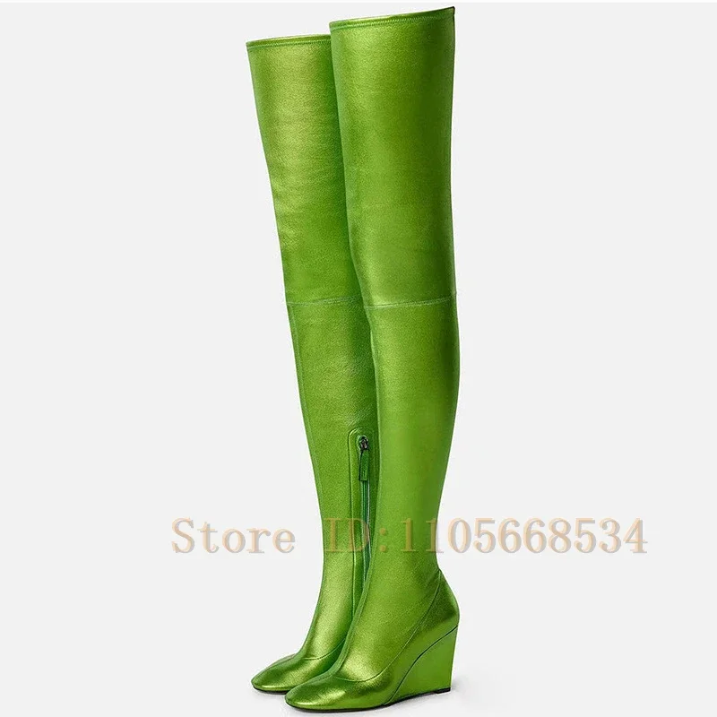 Women Round Toe Wedge Heel Over The Knee Boots Fashion Stretch Slim Leg Tall Boots Nightclub Stage Performance Party Shoes