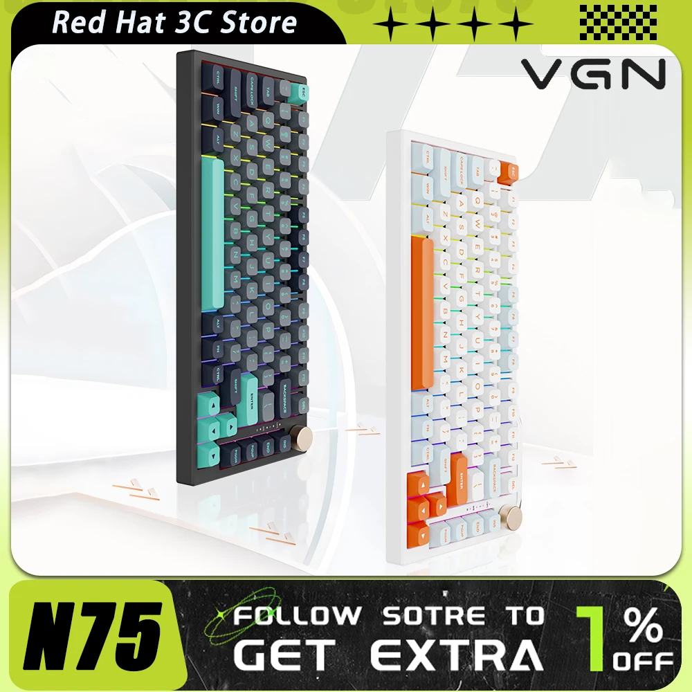 

VGN N75 Mechanical Keyboard Multifunctional Knob Three Mode Hot Swap RGB Wireless Gaming Keyboard 75% Layout Pc Gamer Accessory