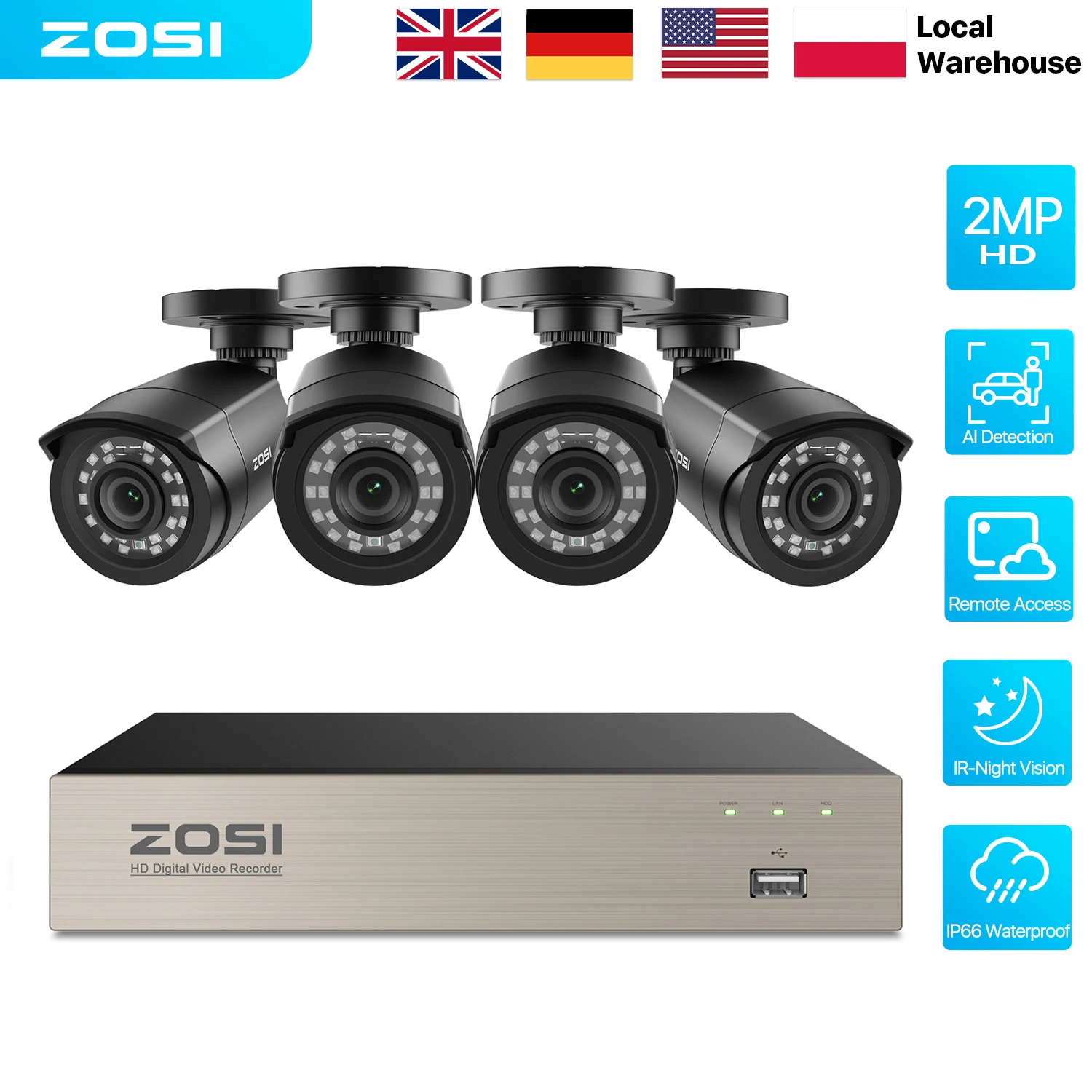 ZOSI 8CH 1080P Security Camera System 2MP Wired DVR Kit for Outdoor Indoor with 80ft Night Vision CCTV Video Surveillance Set IP66 Home Privacy Protection