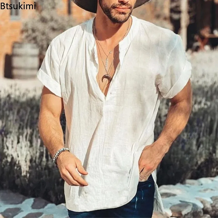 Camicie di lino in cotone semplice tinta unita estiva da uomo nuove Tendenza colletto alla coreana Pullover casual allentato Top Camicette per le vacanze quotidiane da uomo