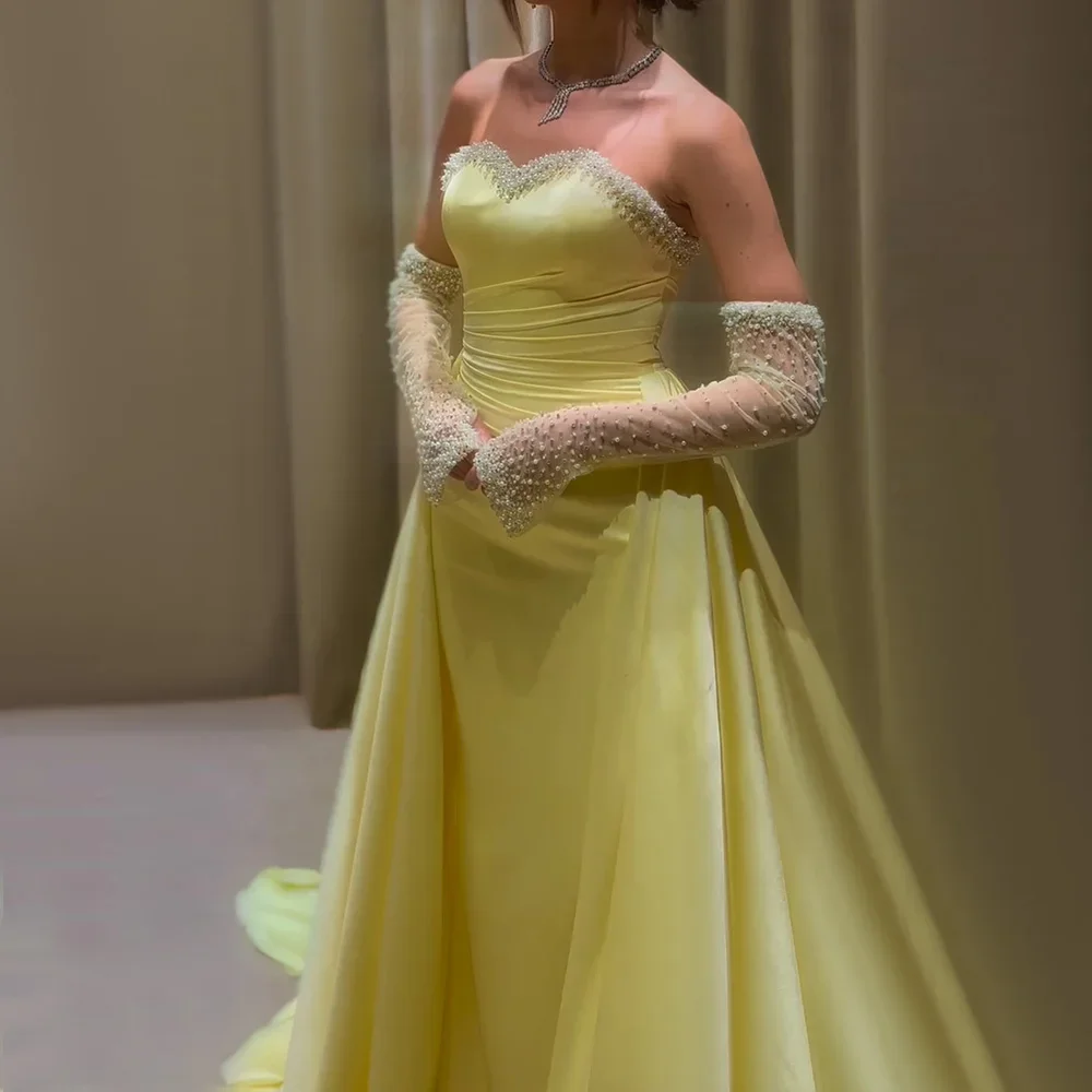 Serene Hill Customized 2025 Saudi Arabia Yellow Mermaid Detachable Sleeve Beaded Evening Dress Gown for Formal Occasion GLA72777