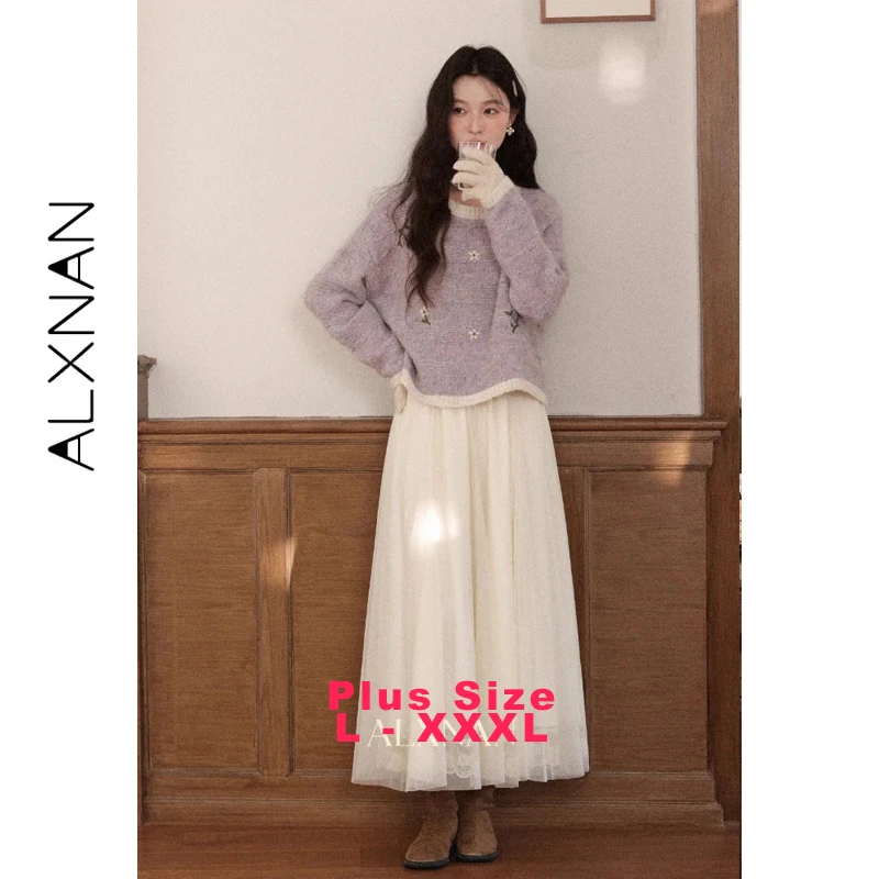 ALXNAN حجم كبير البلوز الجاكار الجولة الرقبة زهرة التطريز اللون حجب سترة فضفاضة تنوعا ملابس السيدات D58092