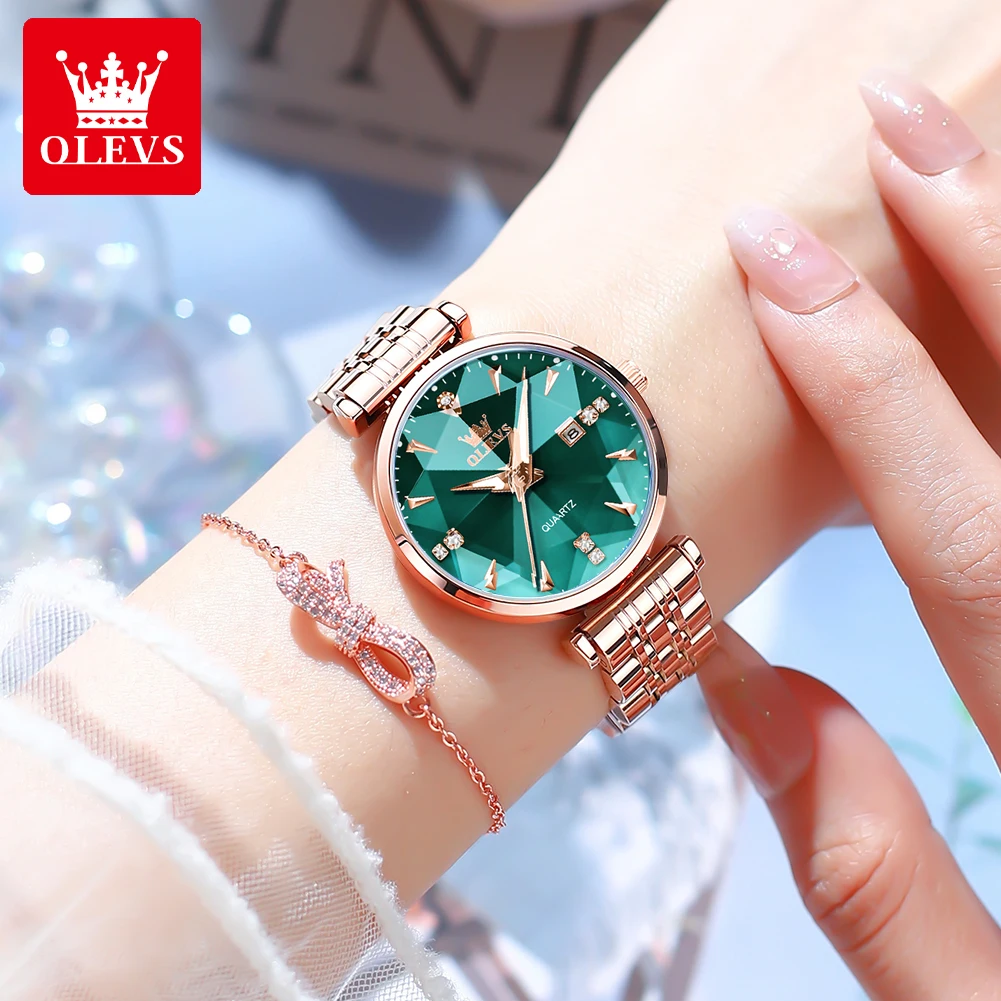 OLEVS 5536 Elegant Ladies Watch Fashion Prism Mirror Waterproof Calendar Original Quartz Watch Luminous Rose Stainless Steel