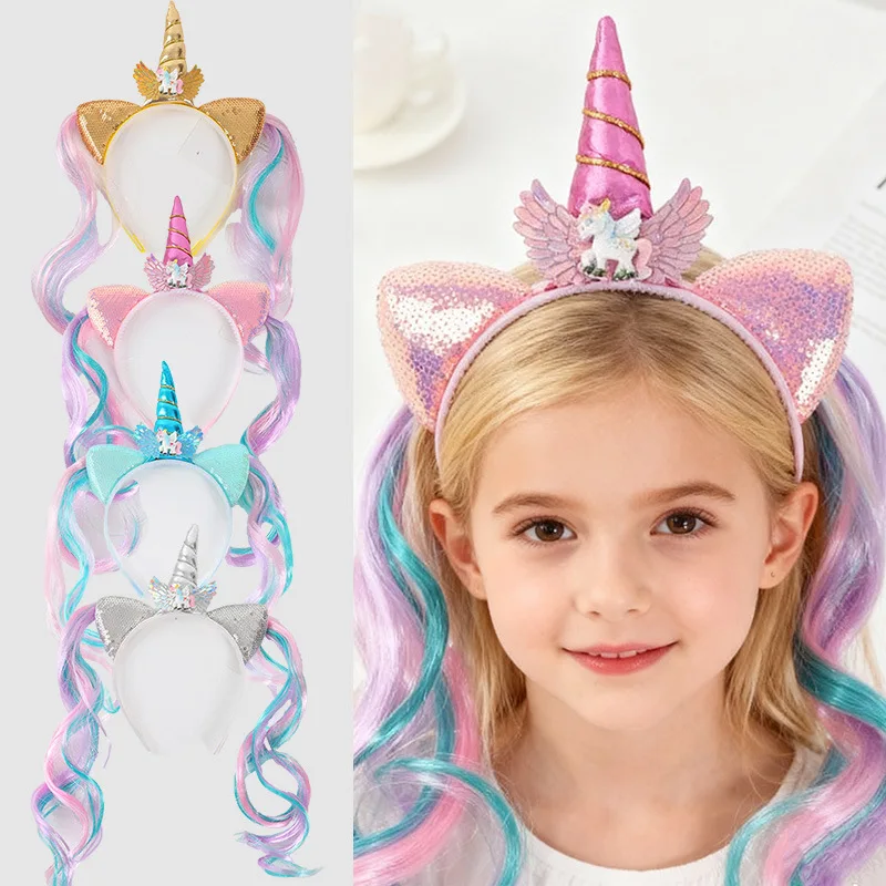 

Colored Wig Unicorn Headband Rainbow Horse Double Ponytail Wig Headwear Kids Girls Happy Birthday Party Decor Hair Accessories