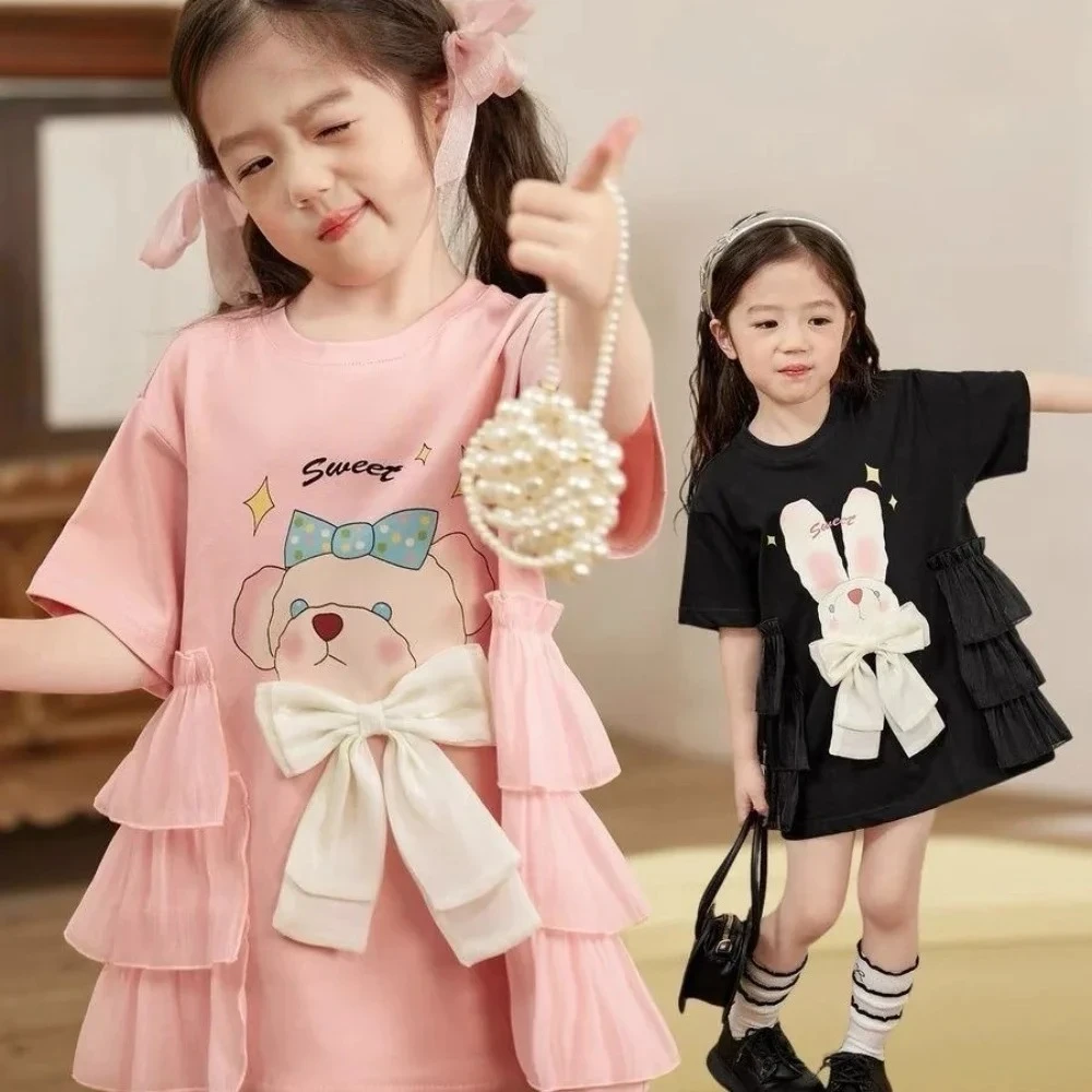 

Korean Version Sweet and Fashionable Girl Casual Clothes Animal Print Short Sleeved Lace Bow Cake Dress Autumn New Style