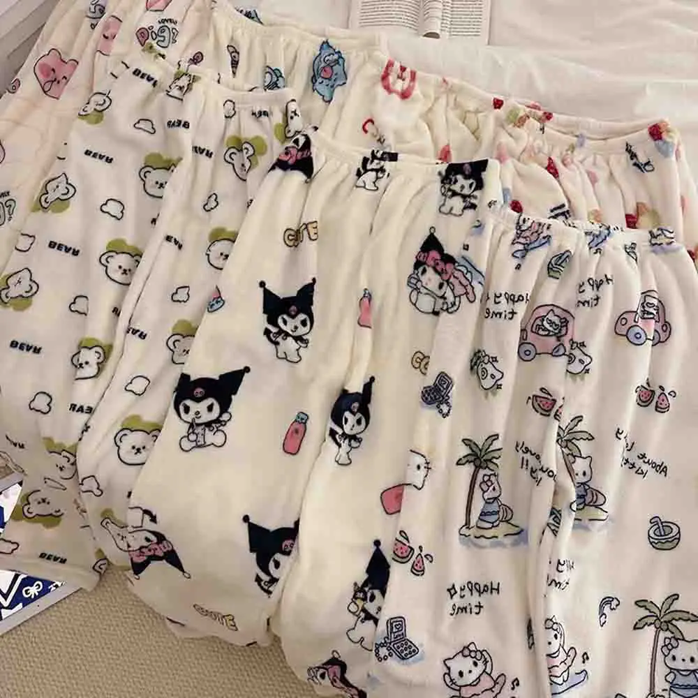 Hello Kittyflannel Pajama Pants Kuromi Women's Anime Cartoon Autumn and Winter Coral Velvet Casual Walking Pants Home Sleepwear - view 5